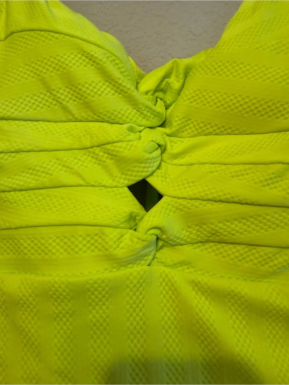 Becca Prima Twist Front One-Piece Swimsuit Zesty Neon Yellow Cutouts Sz S? DESC